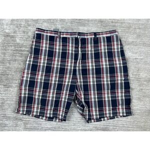 Savane Shorts Mens 44 Navy Blue Red White Plaid Cotton Flat Front Casual Classic